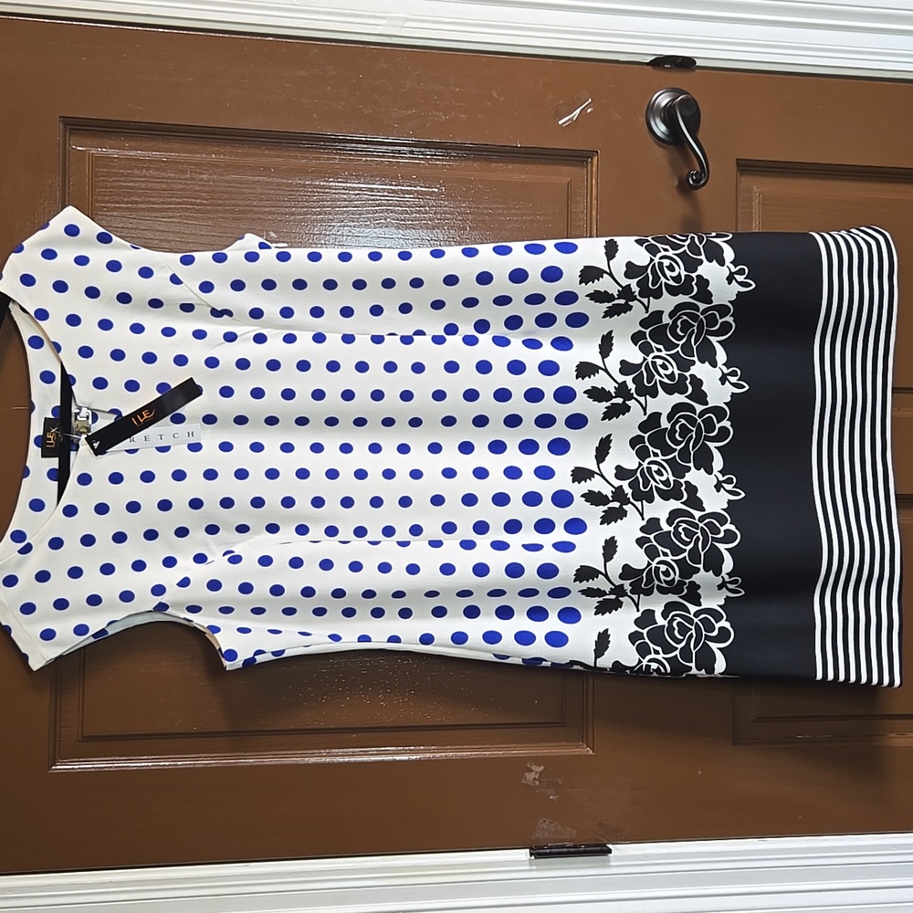 ILE -Blue/white polka dot cap sleeve sheath dress w/ blk/white bottom Sz 16 NWT.